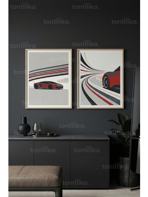 Tontilika Modern Spor Araba ve Pist Tasarımı 2’li Ahşap Çerçeveli Tablo Seti
