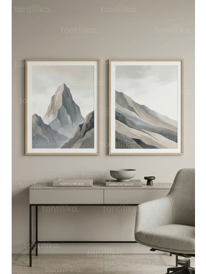Tontilika Sakin Minimalist Vazo ve Geometrik Sanat 2’li Ahşap Çerçeveli Tablo Seti