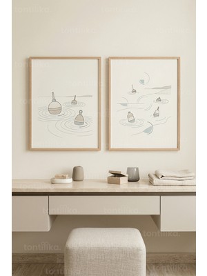 Tontilika Minimalist Şamandıralar ve Sakin Dalgalar 2’li Ahşap Çerçeveli Tablo Seti