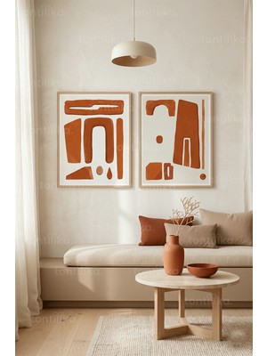 Tontilika Toprak Tonlarında Soyut Formlar 2’li Ahşap Çerçeveli Tablo Seti