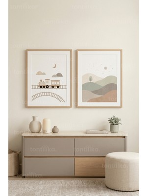 Tontilika Rüya Gibi Pastel Tren ve Doğa Temalı 2’li Ahşap Çerçeveli Tablo Seti
