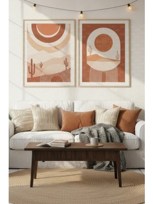 Tontilika Çöl Güneşi 2’li Soyut Ahşap Çerçeveli Tablo Seti - Boho Salon Dekoru