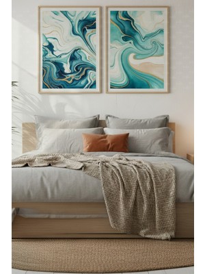 Tontilika Turkuaz Dalgalar 2’li Soyut Ahşap Çerçeveli Tablo Seti - Modern Yatak Odası Dekoru