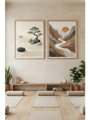Tontilika Zen Manzara & Minimal Doğa 2’li Ahşap Çerçeveli Tablo Seti
