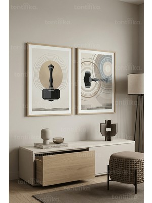 Tontilika Mjolnir'in Soyut Geometrik Yorumu 2’li Ahşap Çerçeveli Tablo Seti