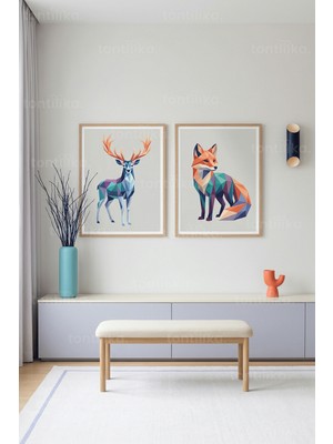 Tontilika Geometrik Geyik ve Tilki Figürlü 2’li Ahşap Çerçeveli Tablo Seti
