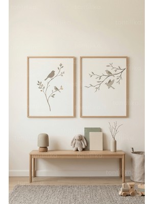 Tontilika Kuşlu Dal Minimalist 2’li Ahşap Çerçeveli Tablo Seti