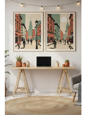 Tontilika Şehir Sokakları 2’li Ahşap Çerçeveli Tablo Seti - Retro Modern Dekor
