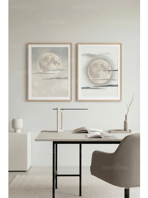 Tontilika Minimalist Ay ve Bulut Manzarası 2’li Ahşap Çerçeveli Tablo Seti