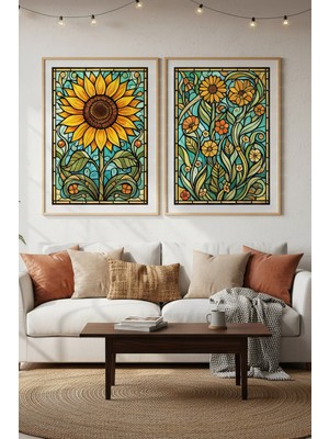 Tontilika Ayçiçeği ve Çiçek Desenli 2’li Ahşap Çerçeveli Tablo Seti - Renkli Doğa Dekoru