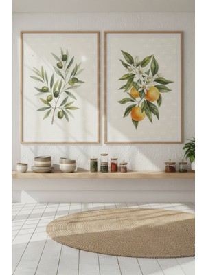 Tontilika Zeytin ve Portakal 2’li Ahşap Çerçeveli Tablo Seti - Bitki ve Meyve Dekoru