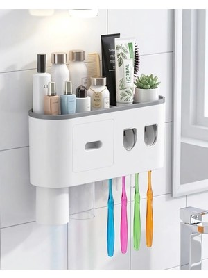 Teknodayım Banyo Organizer Diş Fırçası Tutucu Çift Dispenserli Raflı Çekmeceli