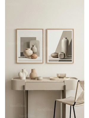 Tontilika Şık Toprak Tonları Minimalist Vazo Natürmort 2’li Ahşap Çerçeveli Tablo Seti