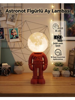 3DcraftTR Astronot Figürlü Ay Lambası 35 cm - 2450 Mah Şarjlı 16 Saat Kesintisiz Aydınlatma