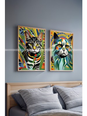 Tontilika Renkli Kedi Portresi Tasarımlı 2'li Ahşap Çerçeveli Tablo-Seti 21X30