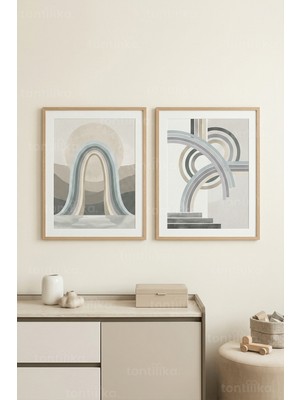 Tontilika Doğal Tonlarda Modern Kemer Sanatı 2’li Ahşap Çerçeveli Tablo Seti