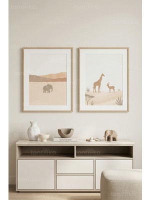 Tontilika Minimalist Safari Hayvanları ve Afrika Manzaraları 2’li Ahşap Çerçeveli Tablo Seti