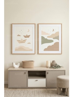 Tontilika Pastel Kağıt Tekneler ve Gökyüzü Manzarası 2’li Ahşap Çerçeveli Tablo Seti
