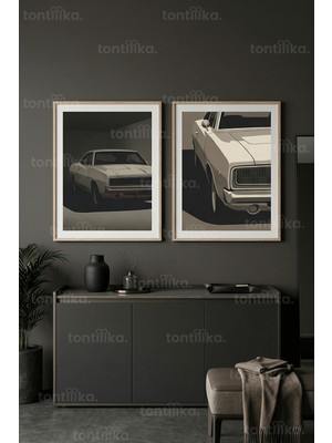 Tontilika Retro Otomobil Sanatı 2’li Ahşap Çerçeveli Tablo Seti