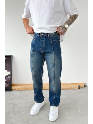 HAFKA Vintage Mavi Ön Tasarım Çımalı Baggy Pantolon