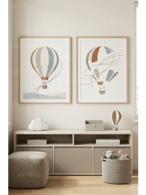Tontilika Sakin Gökyüzü Balonları 2’li Ahşap Çerçeveli Tablo Seti