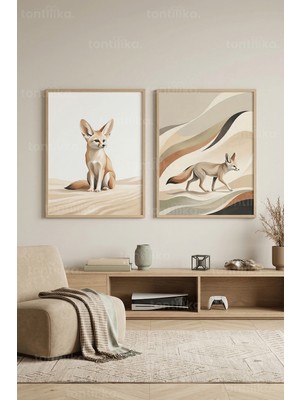 Tontilika Fennec Tilkisi Çöl Manzarası 2’li Ahşap Çerçeveli Tablo Seti
