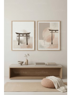 Tontilika Japon Zen Torii Kapıları ve Minimalist Doğa 2’li Ahşap Çerçeveli Tablo Seti