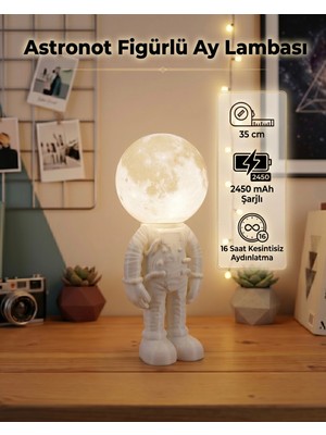 3DcraftTR Astronot Figürlü Ay Lambası 35 cm - 2450 Mah Şarjlı 16 Saat Kesintisiz Aydınlatma