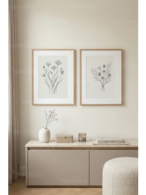 Tontilika Sade Botanik Çizimler 2’li Ahşap Çerçeveli Tablo Seti