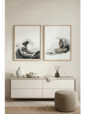 Tontilika Zen Denge Dalga ve Taş Dengelemesi 2’li Ahşap Çerçeveli Tablo Seti