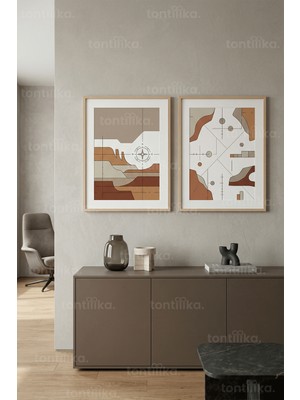 Tontilika Modern Toprak Tonları Soyut Geometrik 2’li Ahşap Çerçeveli Tablo Seti