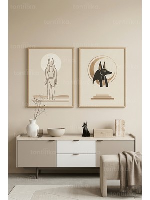 Tontilika Minimal Mısır Anubis Figürleri 2’li Ahşap Çerçeveli Tablo Seti