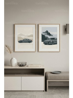 Tontilika Modern Minimalist Otomobil ve Soyut Manzara Temalı 2’li Ahşap Çerçeveli Tablo Seti
