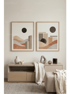 Tontilika Doğal Tonlarda Minimalist Soyut Şehir ve Manzara 2’li Ahşap Çerçeveli Tablo Seti