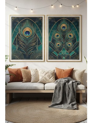 Tontilika Tavuskuşu Tüyü 2’li Ahşap Çerçeveli Tablo Seti - Art Deco Dekor