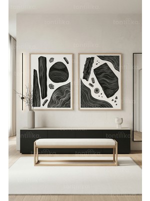 Tontilika Japandi Esintili Soyut Doğal Dokular 2’li Ahşap Çerçeveli Tablo Seti