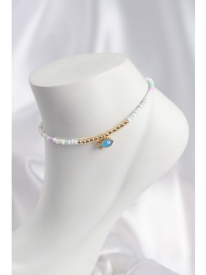 Mç Plus Beyaz ve Karışık Renk Boncuklu Balık Figürlü Halhal