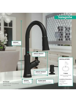 Mi-Ça Home Joleena Mutfak Bataryası 1 Kulplu 40,64 cm Uzun Çekme Püskürtücü, Mat Siyah, 04793670