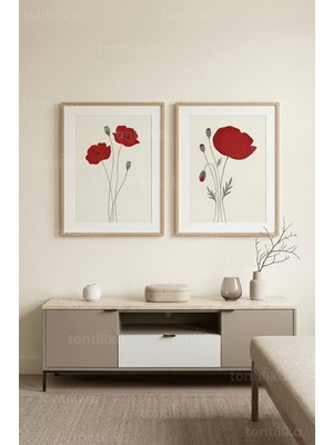 Tontilika Minimalist Kırmızı Gelincik Çiçekleri 2’li Ahşap Çerçeveli Tablo Seti