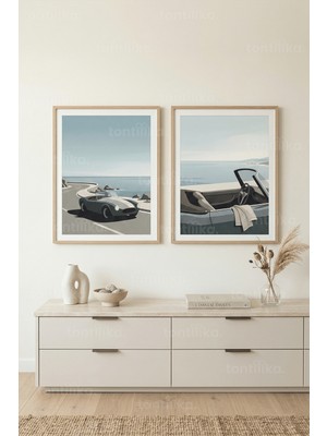 Tontilika Nostaljik Sahil Sürüşü 2’li Ahşap Çerçeveli Tablo Seti