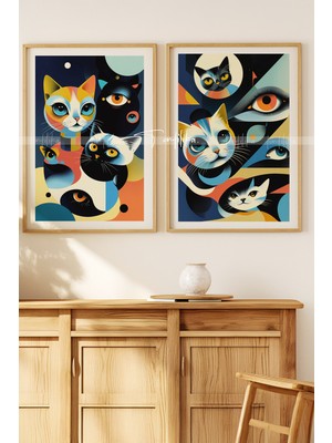 Tontilika Modern Kedi Tasarımlı 2'li Ahşap Çerçeveli Tablo SETI-21X30