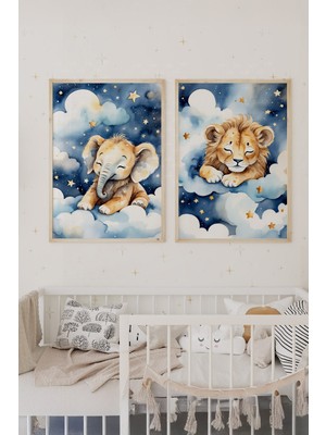 Tontilika Uyuyan Fil ve Aslan 2’li Çocuk Odası Ahşap Çerçeveli Tablo Seti - Tatlı Dekor