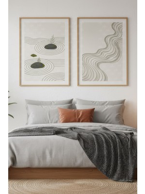 Tontilika Zen Dalgaları 2’li Ahşap Çerçeveli Tablo Seti - Minimalist Japon Dekoru