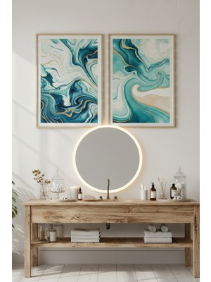 Tontilika Mavi Dalgalar 2’li Ahşap Çerçeveli Tablo Seti - Soyut Modern Dekor
