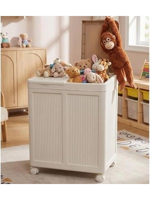 Mi-Ça Home Iki Bölmeli Tekerlekli Kirli Çamaşır Sepeti, 100 L Kapasiteli, Hava Alabilen, Katlanır, (Krem)