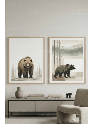 Tontilika Minimalist Ayı ve Doğa Sanatı 2’li Ahşap Çerçeveli Tablo Seti