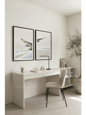 Tontilika Minimalist Uçak Kanadı ve Bulut Manzarası 2’li Ahşap Çerçeveli Tablo Seti