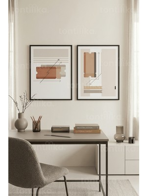 Tontilika Minimalist Ofis Soyut Geometrik Detaylı 2’li Ahşap Çerçeveli Tablo Seti