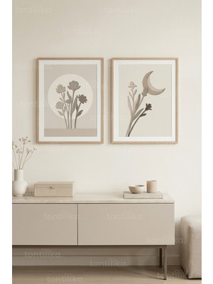 Tontilika Soyut Çiçek ve Ay Motifleri 2’li Ahşap Çerçeveli Tablo Seti