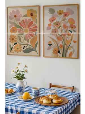 Tontilika Pastel Çiçek Desenli Ahşap Çerçeveli 2'li Tablo Seti-1